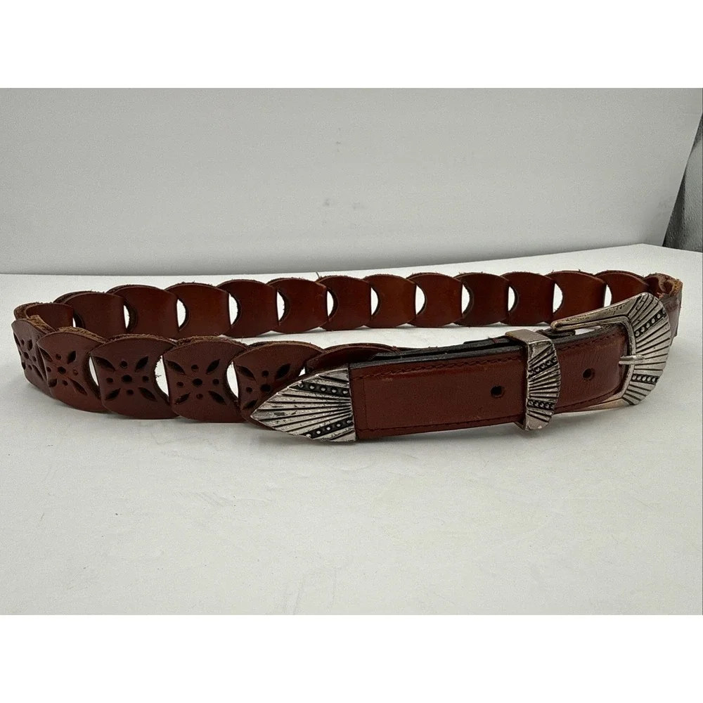 Vtg Y2K Western Ladies Brown Leather Woven Link Belt‎ Silver Buckle Sz M